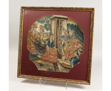 A GOOD FRAMED AND GLAZED 18TH - 19TH  CENTURY BRUSSELS NEEDLEWORK TAPESTRY of a king, queen and attendants. 18ins x18ins.