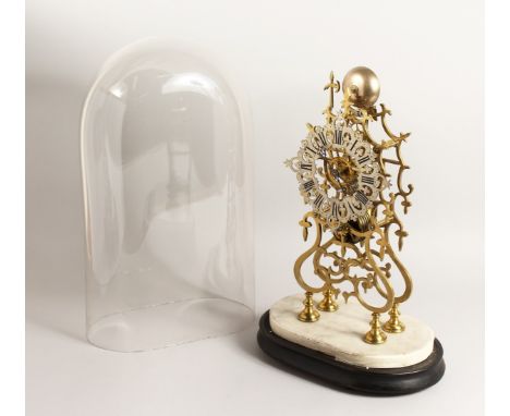 A VERY GOOD BRASS SKELETON CLOCK striking on a simple bell with glass dome 16ins high.