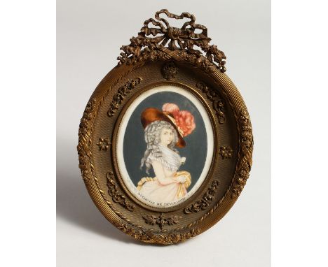A SUPERB OVAL FRAMED PORTRAIT OF DUCHESSE DE DEVONSHIRE. 5ins x 3.5ins in a ormolu frame with scrolls, flowers and ribbons. 8