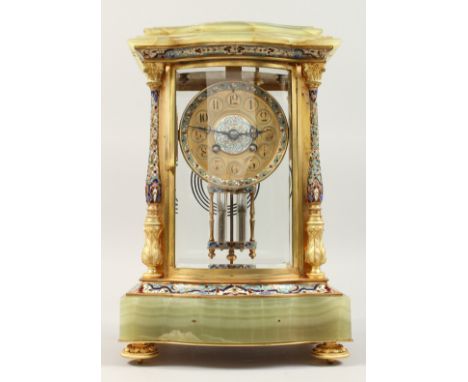 A GOOD 19TH CENTURY ONYX AND CHAMPLEVE ENAMEL FOUR GLASS CLOCK with column supports ad serpentine front. 13ins high.