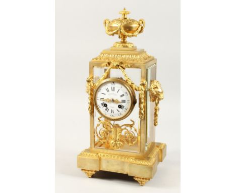 A VERY GOOD 19TH CENTURY FRENCH ORMOLU AND PORCELAIN FOUR GLASS CLOCK by DALAFONTIANE, Fab et Bronzes, Paris, with urn finial