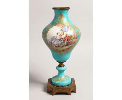 A GOOD 19TH CENTURY SEVRES BLUE GROUND LAMP BASE painted with a panel of young lovers, with ormolu mounts. 14ins high.
