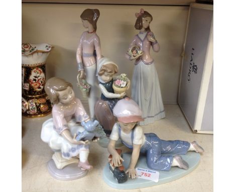FIVE LLADRO FIGURES. TALLEST 24CM Condition -v ery good, minor chip to petal on girl figure holding plant pot, no further dam