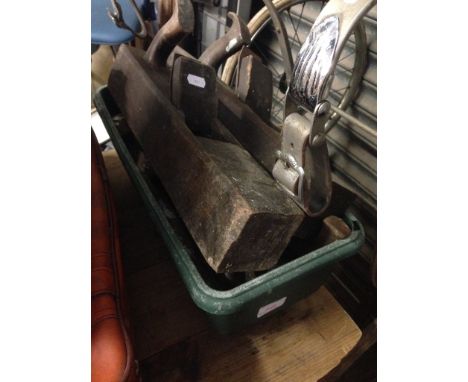 A SMALL CRATE OF TOOLS INCLUDING WOODEN PLANES