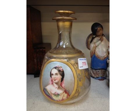 BOHEMIAN PORTRAIT GLASS DECANTER 18CM Condition - very good, minor nibbles to stopper, wear to decoration, no chips, cracks n