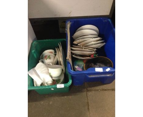 BOX OF CHINA CUPS AND SAUCERS AND A BOX OF COLLECTORS PLATES