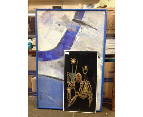 1970S METAL AND ENAMEL RELIEF 60X32CM  AND AN ABSTRACT OIL 9CM