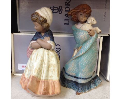 TWO LLADRO FIGURES GIRL WITH CROOSED ARMS AND MY LOST LAMB WITH BOXES 22CM