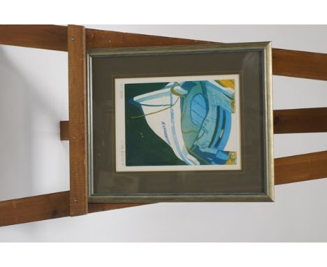 Claire Ferguson, Moored Greek boat, silkscreen print, signed and dated lower right, 33cm x 25cm