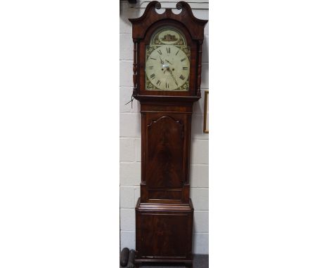 A 19th century mahogany eight day longcase clock, the dial painted with flower spandrels and a church to the arch, signed by 