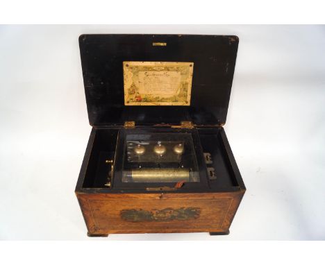 A 19th century Swiss rosewood and simulated rosewood musical box, the lid inlaid with a motif of instruments and a painted wa