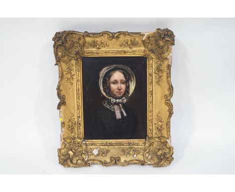 English school, mid-19th century, Portrait of a lady wearing a bonnet, oil on panel, 23cm x 17.2cm