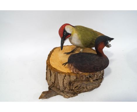 Ian Chappell (Contemporary), a carved wood Green Woodpecker on a tree trunk base, 23cm high, together with a water bird, sign