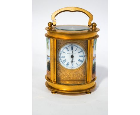 A French miniature brass and porcelain carriage clock, hand painted with courting couples, the dial signed Elliott & Son, Lon