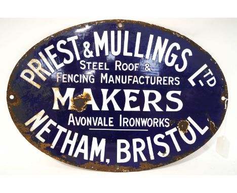 An enamel oval sign for Priest & Mullings Ltd, Steel Roof & Fencing Manufacturers, Bristol, 46cm diameter x 31cm high