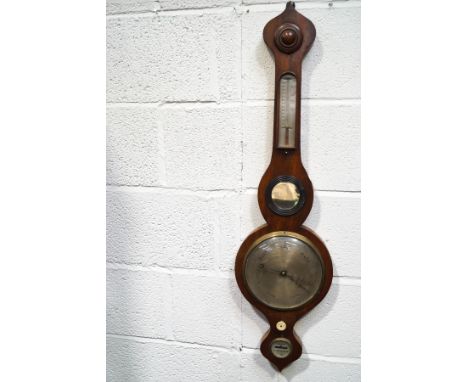 A 19th century mahogany banjo barometer by Frost of Winchester, with temperature scale and central mirror, 95cm high