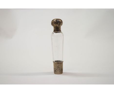 A French silver mounted glass flask, with pull off cup base, 15 cm long