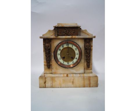A 19th century marble eight day mantel clock of architectural form, with Classical metal mounts, 28cm high x 26cm wide