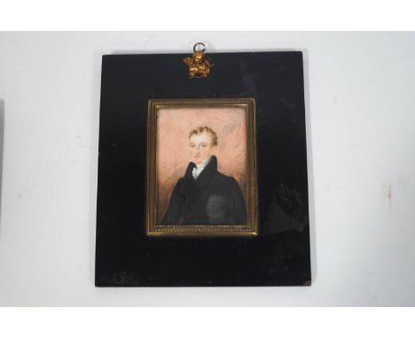 English school, early 19th century, portrait miniature of a gentleman wearing a black jacket, Watercolur on ivory, 9.5cm x 7c