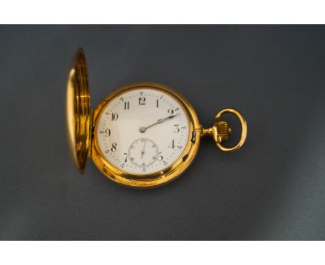 A 14 carat gold hunter pocket watch, stamped with Swiss control marks, the white enamel dial with black Arabic numerals, sunk