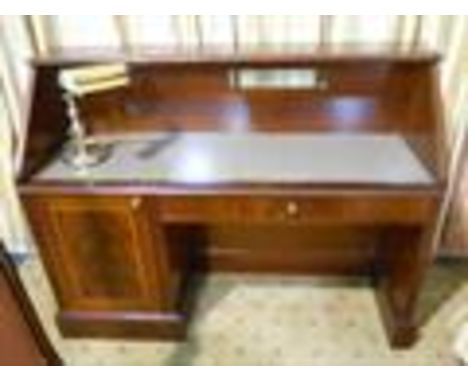 A Mahogany Writing Desk with shelf over, with tooled leather writing surface, frieze drawer and cupboard to left side. Approx