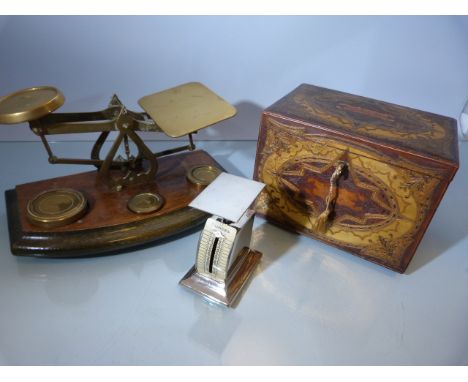 Set of antique weighing scales on oak base along with a boxed 'Letter Balance' and a cigarette case by Finnigans, Manchester 