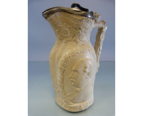 A Victorian press moulded white stoneware Royal Commemorative Jug with portrait of the Prince Consort c.1860, Pewter Lid
