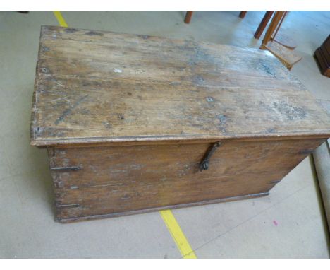 Antique pine trunk with clamp front, metal banded sides. Inner compartment with sliding panel revealing a secret compartment