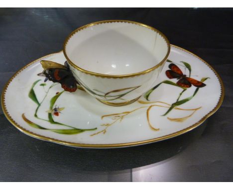 Antique Royal Worcester handpainted cabinet cup and large oval saucer in pattern no. 9030. The handled modelled as a butterfl