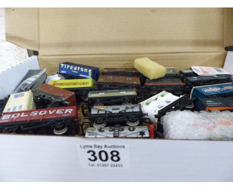 Collection of Hornby and Tri-ang railway carriages and a box of various track