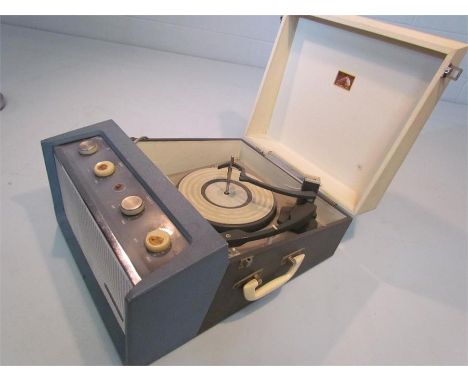 "His Masters Voice" portable electric mid century record player in a blue and cream stylised carry case with integral speaker