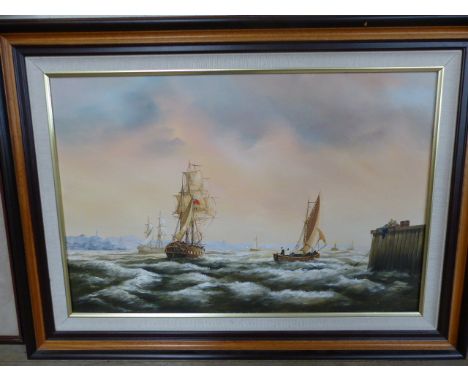 K Hammond - signed oil on canvas of frigates docking in a rough sea