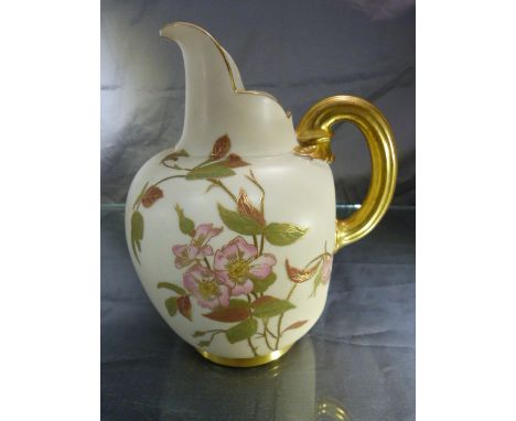 Royal Worcester c.1893 Blush Ivory pitcher/ewer, painted with flowers and gilded borders. Rd29115 and shape no.1094.