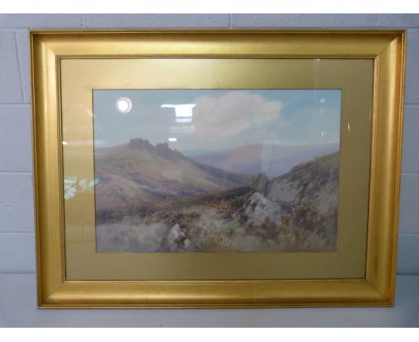F T WIDGERY - Watercolour and Gouache painting of 'Great Hound Tor, Dartmoor'. Bright light colours with signature to lower l