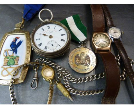Watches & Medals: Four Vintage timepieces to include Gold coloured Record wristwatch and Silver hallmarked pocket watch with 