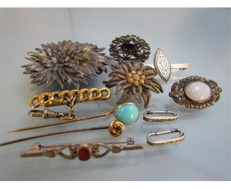 Small Collection of Mostly silver brooches. Including a small bar brooch with the monogram ISG stamped on the back TF and Bir