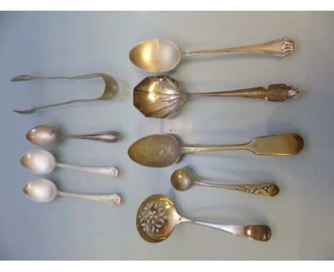 Hallmarked silver teaspoons with beaded decoration, Birmingham 1930. Another Sheffield 1935 and a caddy spoon Sheffield 1935.