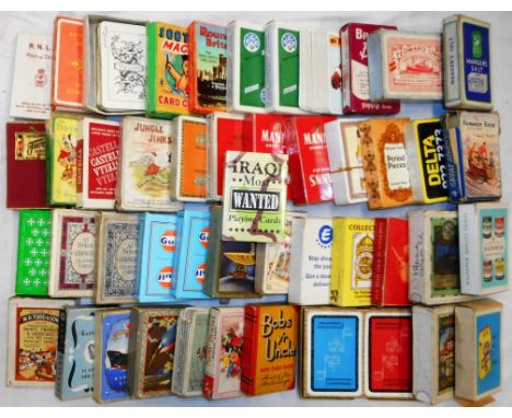 Box of forty-seven packs of playing cards including reproduction of Iraq's Most Wanted.   Condition Report.  Red and black bo