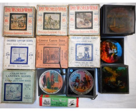 Glass magic lantern slides. Box of various boxed and loose sets. Mostly square, 82mm x 82mm.