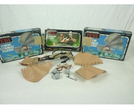 Kenner, Star Wars Return of the Jedi, two Ewok Combat Gliders (one has bomb missing) also a Speeder bike vehicle. (3)