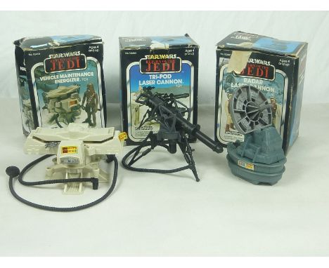 Kenner Star Wars Return of the Jedi Tri-pod laser cannon, Radar laser cannon and a vehicle maintenance energizer, all boxed.