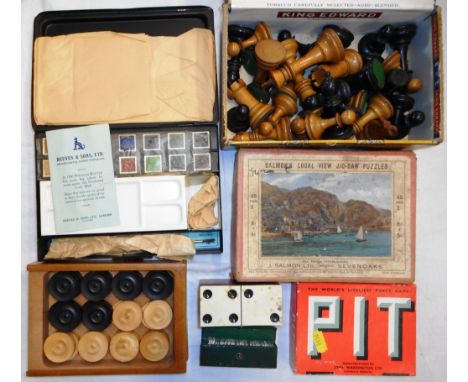 Tray containing draughts and chess pieces, bone dominoes, wooden jigsaw, Reeves painting set, unused, small board game.