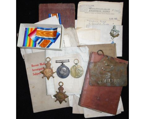 Medals. 1914-15 Trio; to 18831 Cpl. J. Millburn. Liverpool R. (mis-spelling of Milburn) With brass bed/bag tally, collar dog.