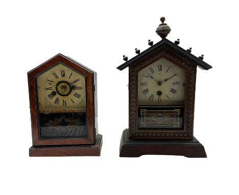 An American spring driven 30-hour 19th century timepiece shelf clock in a wooden case with a gable top and finial, decorative