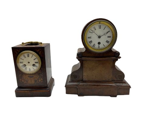 A 19th century 8-day  French timepiece clock in a walnut veneered drumhead case, with a white enamel dial, Roman numerals and