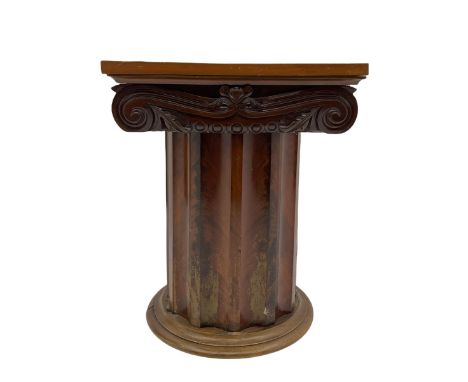 Victorian mahogany vanity unit in the form of a column, the scrolled top with hinged lid revealing mirror, wash bowl and toil