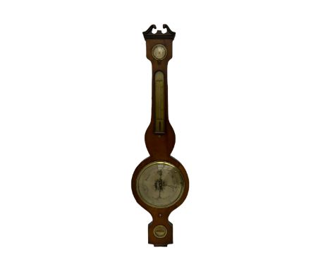 A 19th century four instrument mercury wheel barometer in a mahogany case with a swans neck pediment, 8" silvered register wi