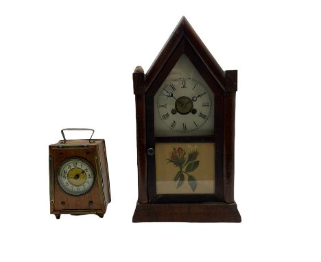 An American&nbsp;"Jerome" late 19th century 30-hour spring driven steeple clock with alarm, in a mahogany case with a decorat