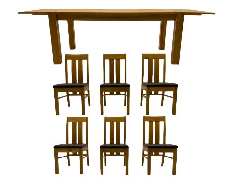 Solid light oak rectangular dining table, with end two leaves, and six high back chairs with upholstered seats, table extendi