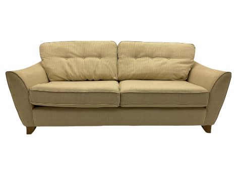 Three seat sofa (W208cm, D89cm), and matching two seat sofa (W182cm, D89cm), upholstered in neutral fabric 